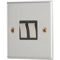 Contactum iConic 10AX 2-Gang 2-Way Light Switch Brushed Steel with Black Inserts (812RK)