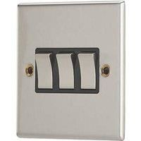 Contactum iConic 10AX 3-Gang 2-Way Light Switch Brushed Steel with Black Inserts (861RP)