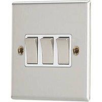 Contactum iConic 10AX 3-Gang 2-Way Light Switch Brushed Steel with White Inserts (195RP)