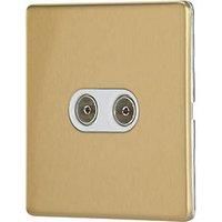 Contactum Lyric 2-Gang Female Coaxial TV Socket Brushed Brass with White Inserts (296RP)