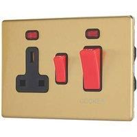Contactum Lyric 45A 2-Gang DP Cooker Switch & 13A DP Switched Socket Brushed Brass with Neon with Black Inserts (570RP)