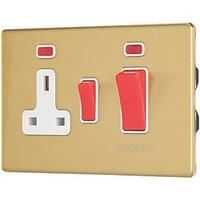 Contactum Lyric 45A 2-Gang DP Cooker Switch & 13A DP Switched Socket Brushed Brass with Neon with White Inserts (582RR)