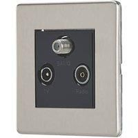 Contactum Lyric 1-Gang Coaxial TV / FM & Satellite Socket Brushed Steel with Black Inserts (743RP)