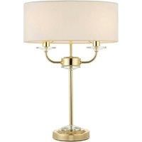 Twin Light Table Lamp 2 Bulb Brass & White Shade Crystal Trim Bedside Feature