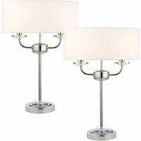 Loops 2 PACK Twin Light Table Lamp Bright Nickel & White Shade Crystal Trim Bedside in Metallics