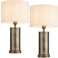 2 PACK Hammered Bronze Table Lamp Aged Metal & Off White Shade Bedside Light