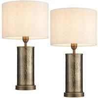 2 PACK Hammered Bronze Table Lamp Aged Metal & Off White Shade Bedside Light