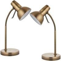 2 Pack | 7W GU10 | Adjustable Neck Table Lamp Light | Modern/Industrial Round Antique Brass Metal Base & Shade | Bedroom Bedside Sideboard Office Desk Reading Task Lighting | Flexible Gooseneck