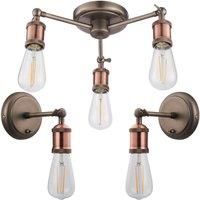3 Lamp Ceiling Pendant & 2x Matching Wall Light Pack Tarnished Aged Copper Kit