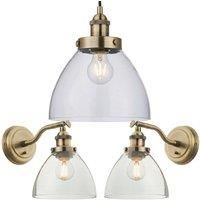 Ceiling Pendant & 2x Matching Wall Light Pack Antique Brass & Clear Glass Shade