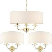 3 Bulb Ceiling Pendant Lamp & 2x Matching Twin Wall Light Modern Brass Plate