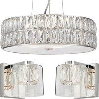 5 Bulb Ceiling Pendant & 2x Matching Wall Mount Light Chrome & Crystal Glass