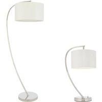 Standing Floor & Table Lamp Set Bright Nickel & White Shade Curved Stem Light