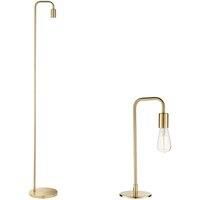 Standing Floor & Table Lamp Set Brushed Brass Industrial Curved Arm Slim Light