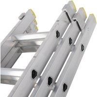 4m – 9.9m Aluminium TRIPLE Section Extension Ladders & Stabiliser Feet –45 Rung- Lightweight Metal Construction – Non-Slip Feet & Treads – Ribbed ‘D’ Rungs – 3 Ladder Adjustable Height