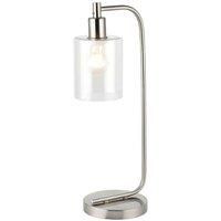 Modern Curved Arm Table Lamp Brushed Nickel & Clear Glass Shade Bedside Light