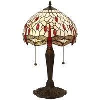Tiffany Glass Table Lamp Light Dark Bronze & Cream Red Dragonfly Shade i00189