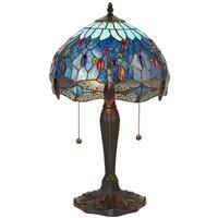 Tiffany Glass Table Lamp Light Dark Bronze Base & Blue Dragonfly Shade i00193