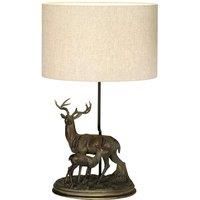 Table Lamp Stag & Fawn Statuette Natural Hessian Shade Bronze Patina LED E27 40w
