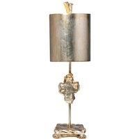 Table Lamp - Carved Cross on Stem - Footed Base - Matching Shade - Silver Leaf - LED E27 60W Bulb