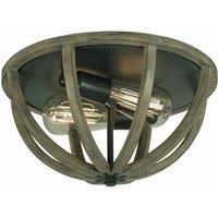 2 Bulb Flush Light Low Ceiling Weather Oak Wood Antique Forged Iron LED E27 60W