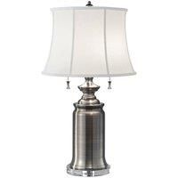 2 Bulb Table Lamp - Sleek Plain Base - True White Cotton Linen Shade - Antique Nickel - LED E27 60W Bulb