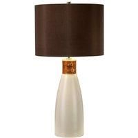 Table Lamp Brown Leather Brass Strap Brown Faux Silk Cylinder Shade LED E27 60W