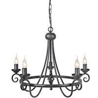 5 Bulb Chandelier Hanging Pendant Light - Medieval Feel - Soft Cuerving Arms - Swirl Finial - Black - LED E14 60W Bulb