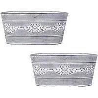 You Garden, Pair of Leaf Vine Tin Trough Planters in Grey