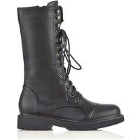 Womens Mid Calf Biker Boots Ladies Chunky Grip Sole Lace Up Combat Black Booties