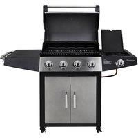 George Foreman GFGBBQ4B1SS3-C 4+1 Burner Propane Gas BBQ in Black, 28 Burgers, 4 Grill Burners Plus 1 Side Burner, Piezo Push Button Ignition, Integrated Thermostat, 2x Stainless Steel Side Tables, Ut