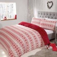 Sleepdown Fairisle Printed Flannel Fleece Abstract Stripes Reversible Duvet Cover Quilt Bedding Set with Pillowcases Super Soft Warm & Cosy-Double (200cm x 200cm), Polyester, Red White