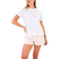 Sleepdown Womens Ladies Pyjamas Set Comfy Soft Sleep And Self Love 2 Piece Loungewear Nightwear Sleepwear Short Sleeve Top & Bottoms Shorts PJs Pajamas (S, White Pink)