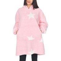 Sleepdown Womens Ladies Single Layer Borg Blanket Pink Star Warm Cosy Soft Hoodie Loungewear - One Size - Pink