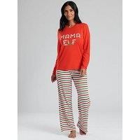Loungeable Family 'Mama Elf' Long Sleeve And Trouser Pyjama Set - Red