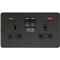 Knightsbridge SFR9909 Screwless Twin Switched Socket with Dual Fastcharge USB A+C Ports in Matt Black