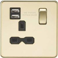KnightsBridge Screwless 13A 1G switched socket with dual USB charger (2.4A) - polished brass with black insert
