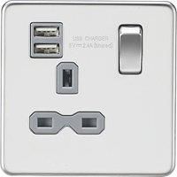Knightsbridge SFR9124PCG 13A 1-Gang SP Switched Socket + 2.1A 2-Outlet Type A USB Charger Polished Chrome with Colour-Matched Inserts (883TY)