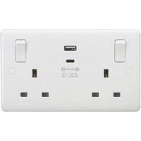 Knightbridge Curved Edge White 13A Double Switched Socket with Outboard Rockers and Dual USB (A+C) QC18W / PD45W (CU9003)
