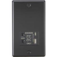 KnightsBridge 230V Raised Round Edge Shaver Socket with Dual USB A+C - Matt Black