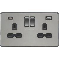 KnightsBridge 13A 2G SP Screwless Switched Socket with Dual USB A+C - Black Nickel, Black Insert