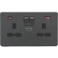 Knightsbridge 13A 2-Gang DP Switched Socket + 2.25A 45W 2-Outlet Type A & C USB Charger Anthracite with Black Inserts (491PX)