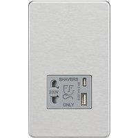 KnightsBridge Shaver socket with dual USB A+C (5V DC 2.4A shared) - brushed chrome with grey insert