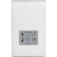 KnightsBridge Shaver socket with dual USB A+C (5V DC 2.4A shared) - polished chrome with grey insert