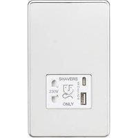 Knightsbridge Screwless Shaver Socket with Dual USB A+C (5V DC 2.4A Shared) - Polished Chrome with White Insert