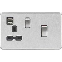 KnightsBridge 45A DP Switch and 13A Switched Socket with Dual USB Charger - Brushed Chrome with Black Insert