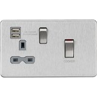 KnightsBridge 45A DP Switch and 13A switched socket with dual USB charger - brushed chrome with grey insert