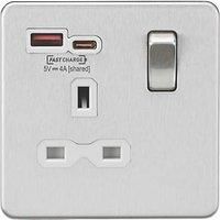 KnightsBridge 13A 1G Switched Socket with Dual USB [FASTCHARGE] A+C - Brushed Chrome with White Insert