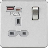 KnightsBridge 13A 1G Switched Socket with Dual USB [FASTCHARGE] A+C - Brushed Chrome with Grey Insert