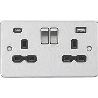KnightsBridge 13A 2G SP Flat Plate Switched Socket with Dual USB A+C - Brushed Chrome, Black Insert